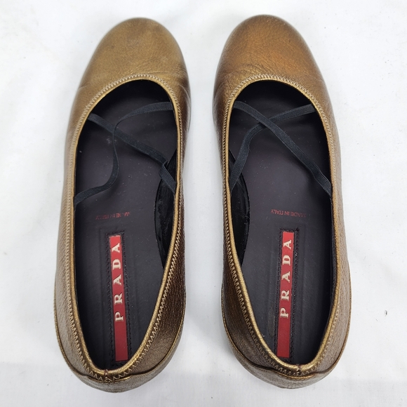Prada Bronze Leather Elastic Band Flat Shoes Prada Size 37.5 US 7.5 - Picture 5 of 11